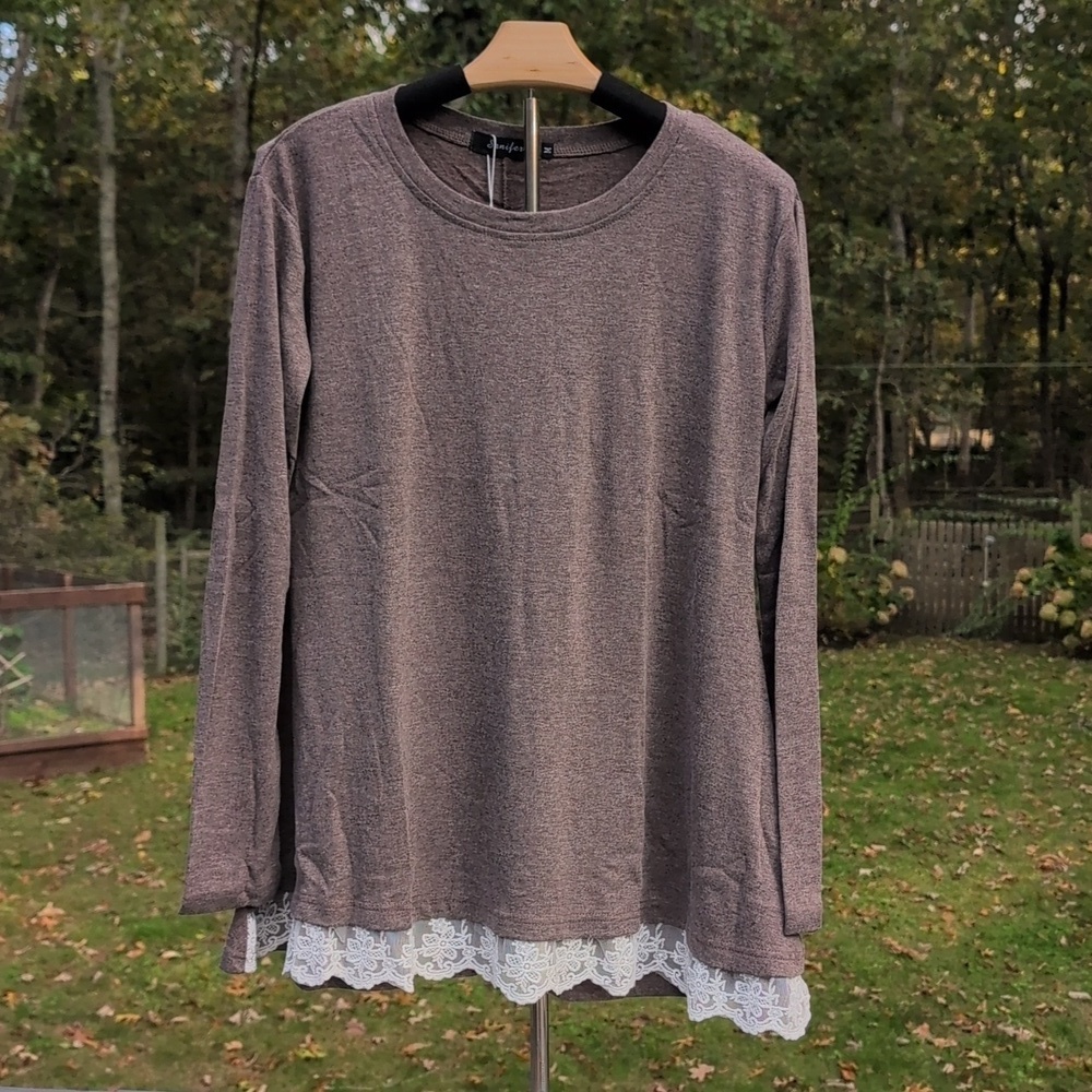 Sanifer Women Lace Long Sleeve Tunic Top Blouse In Coffee Brown NWT